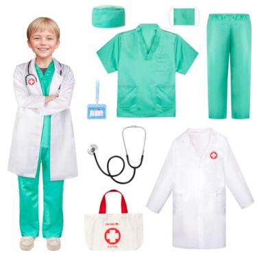 Imagem de Meland - Disfarce de médico para crianças, esfoliantes infantis com casaco de laboratório e bolsa de transporte, vestido de médico para Halloween, dia de corrida (verde, 5-6 anos)