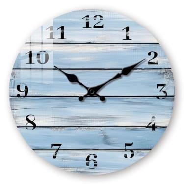 Imagem de Relógio de parede de madeira azul decorativo para sala de estar - Relógios de parede de fazenda operados por bateria de 25 cm - Relógio de parede analógico rústico silencioso para cozinha, banheiro