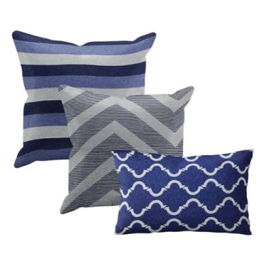 Imagem de kit 3 Capas de Almofada Tear Alto Padrão 2x 45x45 + 1x 30x50 (KIT D 29 Azul marinho escuro claro marfim - KIT D SOFA ENCOSTO ALGODAO JACQUARD)