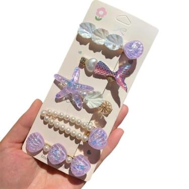 Imagem de 5 peças - sereia, pérola, concha, estrela do mar, grampo de cabelo multicolorido com clipe de bico de pato de lantejoulas, antiderrapante e não danifica o cabelo (roxo)