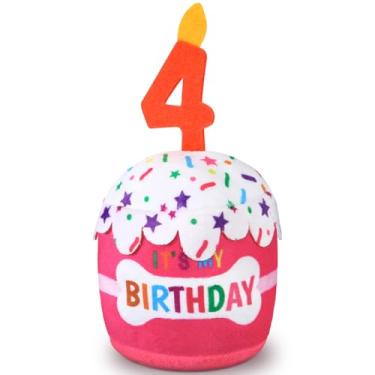 Imagem de Dansydaisy Acessórios de brinquedo de bolo de 4º aniversário para meninas e meninos, brinquedo de pelúcia rosa para decoração de festa de aniversário para cães grandes, médios e pequenos