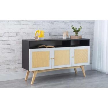 Imagem de Balcão Buffet Para Sala De Jantar Mdf Preto Pés Taeda 3 Portas Brancas