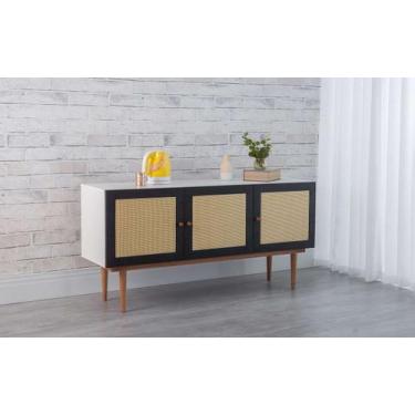 Imagem de Balcão Buffet Pés Palito Madeira 3 Portas Mdf E Palhinha Estilo Retrô 