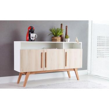 Imagem de Balcão Buffet Para Sala De Jantar Mdf Branco Pés Jatobá 3 Portas Faia 