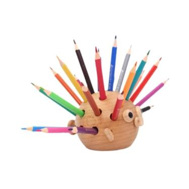 Imagem de YIJU Pufferfish caneta portador de caneta, organizador de mesa de porta -lápis de madeira com 24 lápis coloridos para escritório, escola, pintura, pincel