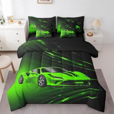Imagem de Feelyou Conjunto de cama solteiro com carro de corrida verde, 7 peças, para crianças, adolescentes, adultos, velozes e furiosos, conjunto de cama verde ombré