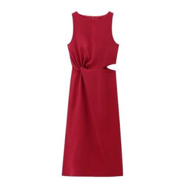 Imagem de Vestido Midi Emagrecedor Feminino Sem Mangas, Gola Redonda, Abridor De
