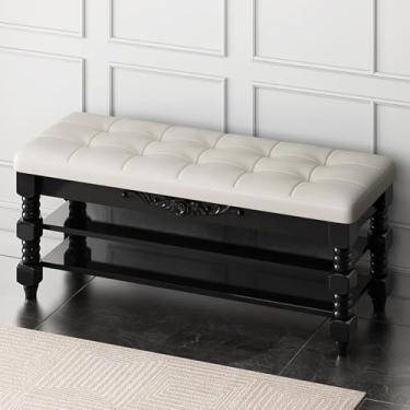 Imagem de Sapateira de grande capacidade para hall de entrada, quarto, banco de entrada de madeira maciça, ③-Banco de armazenamento tufado vintage com assento de couro - branco 80 x 30 x 48 cm (31 x 12 x 19