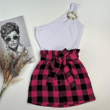 Imagem de Conjuntinho Infantil Roupa Festa Junina Blusa Mula Manca E Saia Xadrez