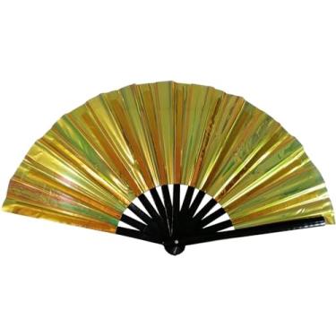 Imagem de QCWN Ventilador de rave de ouro amarelo, ventiladores de mão dobráveis, ventilador chinês, ventilador renascentista, ventilador de clack, ventilador de mão grande para festivais, Halloween, burlesco,