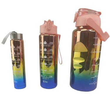 Imagem de Garrafa Motivacional Metalica Kit 3 Uni Com Medidor Agua Viagem Passeio Estudos Academia Treino Casa