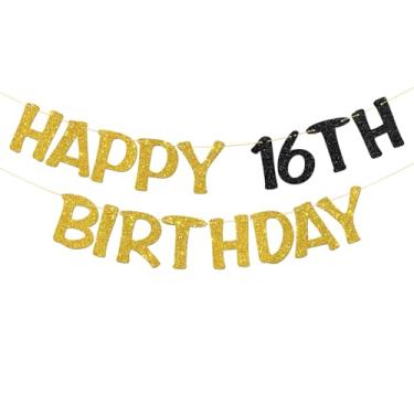 Imagem de Faixa Happy 16th Birthday - Suprimentos para guirlanda de festa de aniversário de 16 anos para adolescentes - Decorações de festa Cheers to 16 Years - Glitter preto dourado