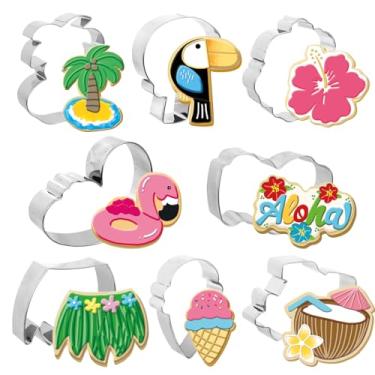 Imagem de FYSUIMU 8 peças de cortadores de biscoito de verão Havaí flamingo tropical coqueiro moldes de corte de biscoito para verão, praia, piscina, festa de aniversário, faça você mesmo, artesanato
