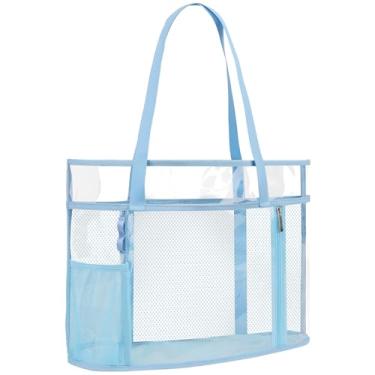 Imagem de TINYAT Bolsa de praia feminina de grande capacidade - impermeável, à prova de areia, 6 bolsos com zíper, academia, viagem, bolsa de compras, Azul/W905, One Size