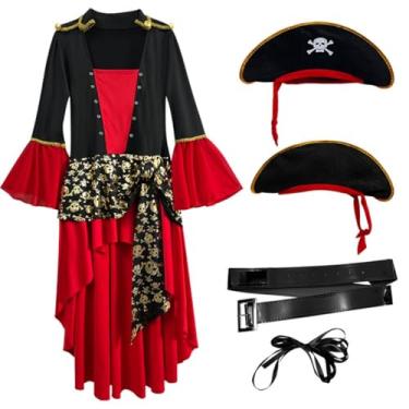 Imagem de YUWETAO Fantasia feminina de Halloween gótico caribenho pirata cosplay chapéu roupas de festa fantasia de animação de palco (preto, 3GG)