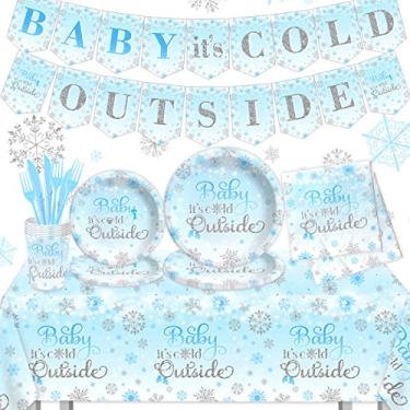 Imagem de CMUSKO Decorações Para Chá De Bebê "Baby It'S Cold Outside" - Conjunto 142 Pratos E Guardanapos Inverno Com Tema Floco Neve Azul Festa Menino (Azul)