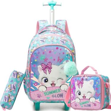Imagem de ZBAOGTW Mochila com rodas para meninas, mochila com rodinhas para escola, mochilas com rodinhas para meninas com lancheira, Gato rosa e branco, 16.5*11.8*7.8 inches