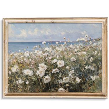 Imagem de uniro Pintura de paisagem de campo de flores silvestres costeiras vintage impressão de arte de parede de verão flor mar impressão em tela impressões de praia impressão de casa de fazenda arte de