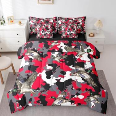 Imagem de jejeloiu Conjunto de edredom infantil casal de pato-real vermelho para caçar pato selvagem, camuflagem, estilo militar, caça de animais selvagens, 7 peças, decoração de quarto macio