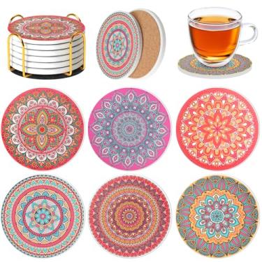 Imagem de Saraudy Conjunto de 6 porta-copos de cerâmica com suporte, estilo mandala, porta-copos absorvente para decoração de casa, copos, canecas e copos (mandala rosa)