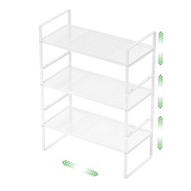 Imagem de SOFRON Prateleira de armazenamento expansível para armário empilhável rack organizador para cozinha banheiro despensa armário de especiarias bancada de café mesa de escritório doméstico resistente antiderrapante branco grande 3 pacotes