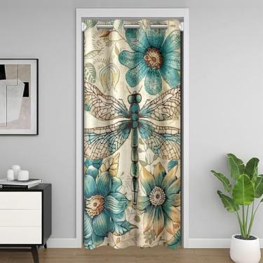 Imagem de Cortina de porta Dragonfly 152 cm L x 203 cm C Retro florescendo azul-petróleo flores mandala cortina de porta privacidade para crianças adolescentes adultos criatura selvagem exótico estilo rústico