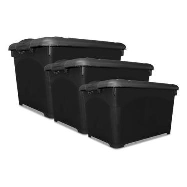 Imagem de Kit 3 Caixas Organizadoras Preta 95L Com Trava e Rodinha - INJEPLASTEC
