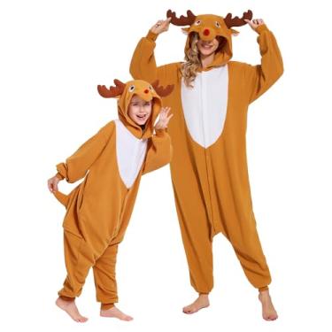 Imagem de POOKPARA Macacão de animal de lã polar - fantasia de Natal de Halloween com capuz e cauda, pijama de uma peça, macacão confortável para dormir, Rena marrom, M