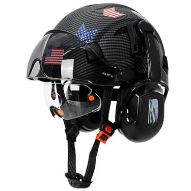 Imagem de Aolamegs Safe Capacete rígido com proteção de ouvido e viseira dupla – Chapéus rígidos com padrão de carbono com óculos de segurança e abafadores de ouvido com estrutura aprovada pela OSHA para homens