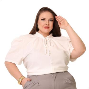 Imagem de Blusa Feminina Plus Size Gola Lacinho Manga Curta Com Botoes - Look Mo