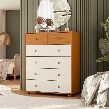 Imagem de Cômoda Vittoria 6 Gavetas em MDF com Puxador Plástico Metalizado Branco e Bege 90cm