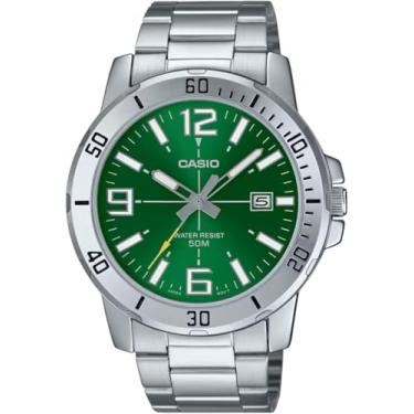 Imagem de Casio MTP-VD01D-3BV Relógio masculino Enticer de aço inoxidável, mostrador verde, casual, analógico, esportivo, Verde, Clássico