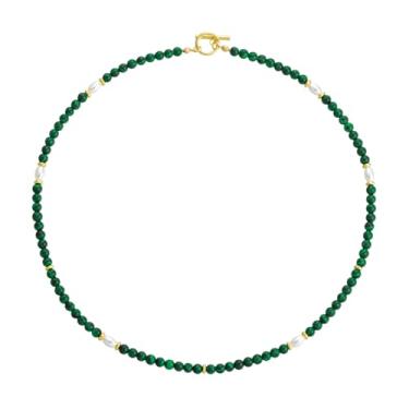 Imagem de Colar de pedra preciosa malaquita verde natural de 4 mm para mulheres, joia boêmia, minimalista, com contas de ouro 18K e pérolas, amuleto de equilíbrio de chakras