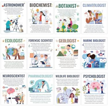 Imagem de Aposwow Cartazes de carreira científica para decoração de sala de aula - 12 peças de pôsteres científicos para sala de aula, decoarções de quadro de avisos de cientistas do ensino médio, materiais