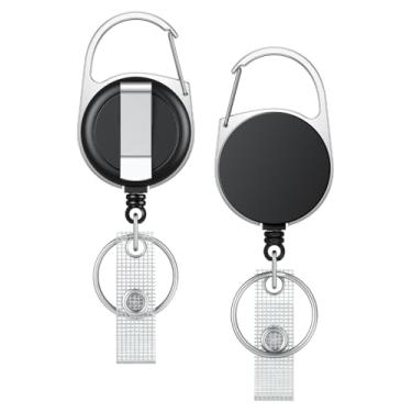 Imagem de UnicLife Pacote com 2 chaveiros retráteis, carretel de crachá retrátil, clipe resistente para chaves e cartão de identificação, extensor de chaveiro preto de 61 cm com clipe giratório de cinto