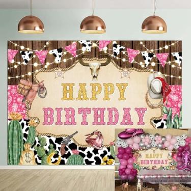 Imagem de Vaqueira Ocidental Feliz Aniversário Pano de Fundo Rosa Selvagem Vaca Estampa Cacto Bota Rústica Rodeio Fotografia Fundo Meninas Mulheres Festa de Aniversário Decorações de Chá de Bebê Adereços de