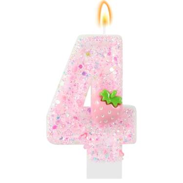 Imagem de IDIJOLI Vela rosa número 4 velas de morango aniversário topo de bolo decoração de cupcake para meninas e mulheres decoração de festa de morango aniversário comemorações suprimentos lembrancinhas