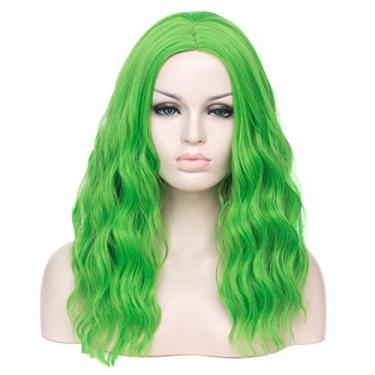 Imagem de BUFASHION Peruca sintética ondulada de 50,8 cm castanho claro para mulheres, meninas, cosplay, fantasia de Halloween, peruca com touca de peruca (verde)