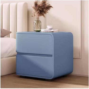 Imagem de Mesa De Cabeceira Mesa De Cabeceira De Madeira Maciça Elegante Mesa De Cabeceira Escandinava Com 2 Gavetas Mesa Lateral Moderna Cômoda De Couro Mesa De Cabeceira Nórdica Para Quarto, Blue, Right