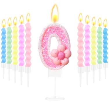 Imagem de Velas de aniversário para bolo com glitter rosa número 0 com 10 velas pastel disponíveis para combinações de 1 a 9 velas para bolos de aniversário e decorações de aniversário de casamento