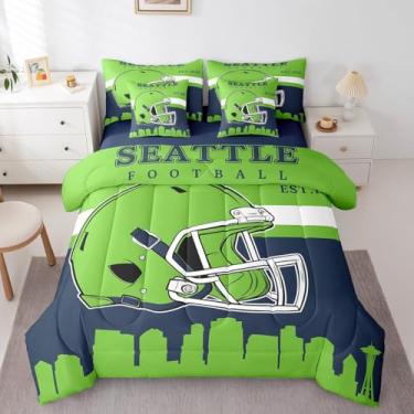 Imagem de Erosebridal Jogo de cama solteiro com 7 peças, futebol americano, cidade de futebol americano com lençol de cima e elástico, para presente de crianças e adultos, capacete verde, jogo de cama esportivo