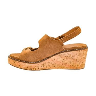 Imagem de Corkys Footwear Cunha feminina "My 2 Cents" de 6 cm, com fecho de velcro no tornozelo, duas alças com fivelas ajustáveis e palmilhas acolchoadas de EVA para uso o dia todo, Camurça sintética de tabaco