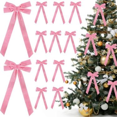 Imagem de TONIFUL Pacote com 12 laços de veludo rosa para árvore de Natal, decoração de guirlanda, embrulho de presente, cadeiras, escadas, decoração mental, casamento, Natal, aniversário, festa dos namorados e