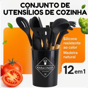 Imagem de Jogo Talheres Cozinha Silicone Cabo Madeira 12 Peças - ROMI