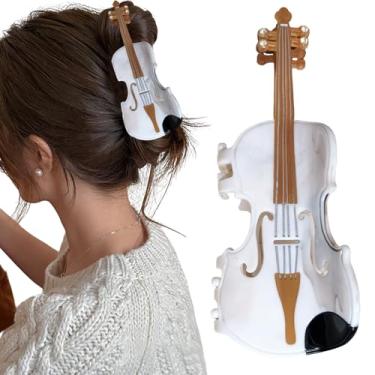 Imagem de Clipe de cabelo com design de violino, acessório de cabelo em forma de instrumento musical branco e marrom, grampo de cabelo decorativo de 10 cm