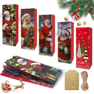 Imagem de DEFORAGE 10 sacos de presente de garrafa de vinho de Natal com 10 etiquetas de sacos de presente de Natal a granel para garrafas de vinho, embrulho de Natal, amantes de bebidas e bebedores, presentes