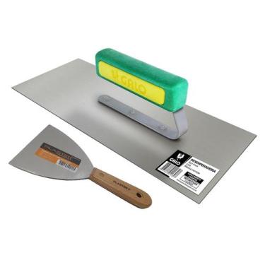 Imagem de Kit desempenadeira galo inox 12x29 cabo aberto + espátula inox