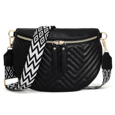 Imagem de Bolsa tiracolo feminina de couro vegano, pochete com cinto ajustável, bolsa de ombro estilo boho para viagens, uso diário, Preto, Medium, Boho