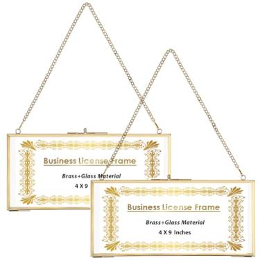 Imagem de JUXYES Pacote com 2 molduras para licença comercial para pendurar na parede, moldura para exibição de certificado de licença de latão, molduras de diploma flutuantes de vidro duplo, molduras douradas