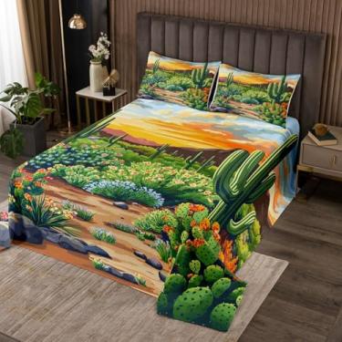 Imagem de jejeloiu Conjunto de colcha de cacto ocidental, boho, suculenta, botânica, acolchoada, para decoração de quarto, plantas verdes, acolchoado, tamanho solteiro com 1 fronha